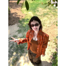 批发官图实价韩系chic别致复古格纹翻领衬衫宽松慵懒风绝美单穿上衣