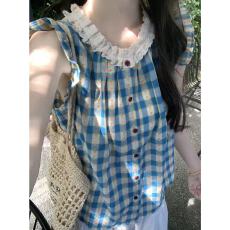 批发韩系甜美碎花格子拼接飞飞袖衬衫女秋季2025新款百搭宽松显瘦上衣