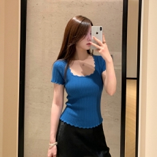 批发蓝色方领正肩针织短袖T恤女夏季2026新款修身短款法式绝美小上衣
