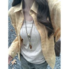 批发古早日系豆绿格纹长袖<b class='q'>衬衫</b>女春季显白宽松<b class='q'>衬衣</b>设计感小众彩点上衣