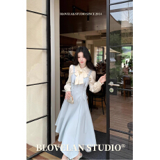 批发气质蓝色不规则斜裁拼接绑带收腰背带连衣裙时尚<b class='q'>百搭</b>求职季小众款