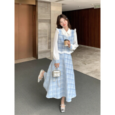 批发蓝色格子小香风套装裙女<b class='q'>春秋</b>2026新款高级感超火网红爆款两件套