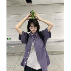 批发日系复古紫色短袖衬衫外套女款夏季2026新款宽松休闲百搭衬衣上衣