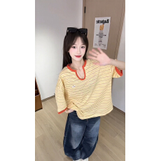 批发官图特价大码女装200斤240克条纹短袖t恤女夏新款宽松刺绣V领上衣