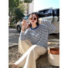批发法式设计感蓝色条纹防晒罩衫t恤女2026新款冰丝薄款针织长袖上衣