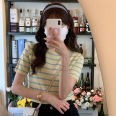批发多巴胺黄色条纹圆领针织短袖T恤女款2026春季巨好看独特漂亮上衣
