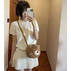 批发复古简约白色Polo领短款T恤女夏季通勤高级短袖收腰显瘦针织上衣