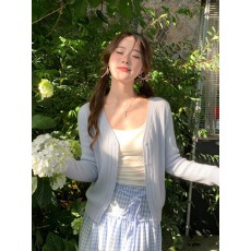 蓝色外搭开衫夏季吊带裙外搭短款冰丝防晒罩衫针织外套空调衫上衣