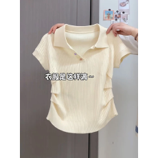 批发polo领针织短袖t恤女短款2026夏季新款设计感修身正肩掐腰上衣