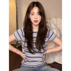 批发美式正肩蓝色条纹短袖T恤女2026夏季新款设计感小众修身短款上衣