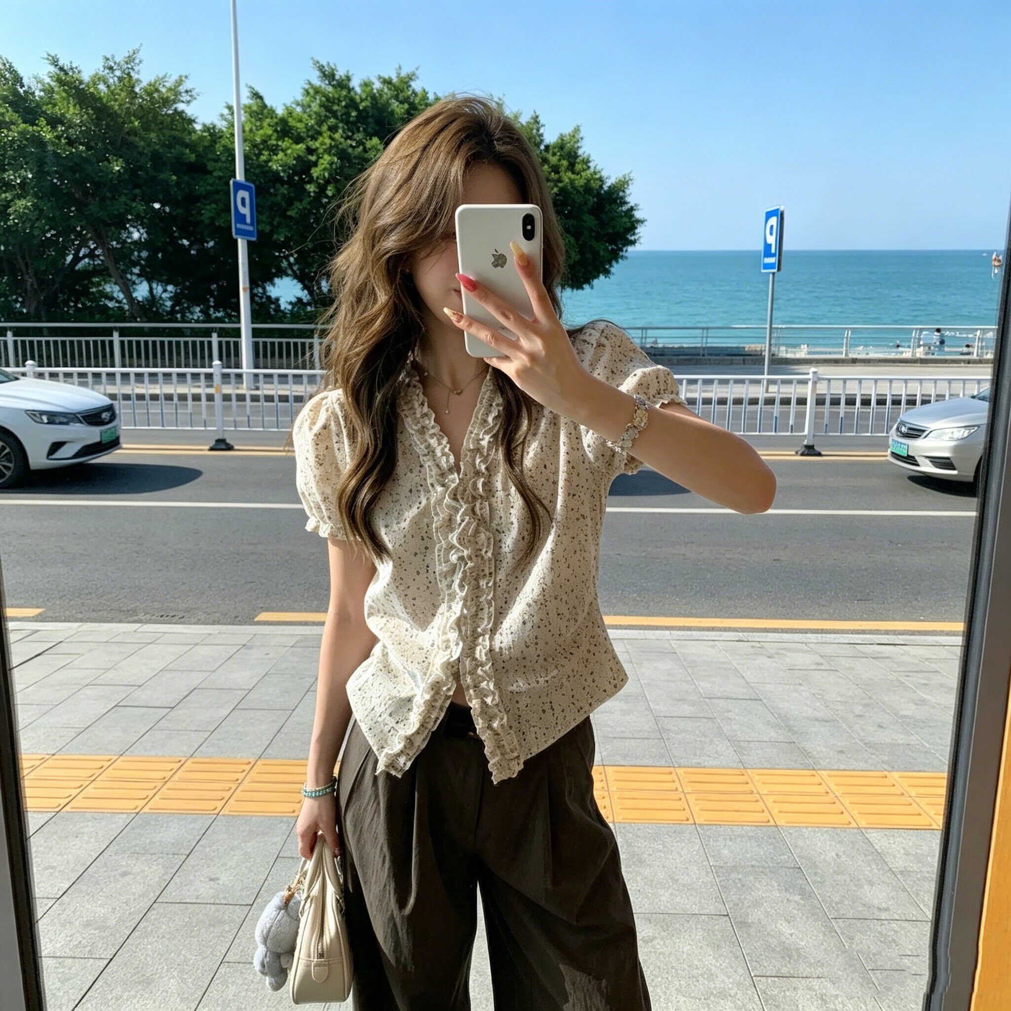 자카드 자수 원단 참나무 늑골 주름 프랑스식 레트로 꽃무늬 프릴 셔츠 여성 여름 거품 소매 몸매 가꾸기