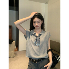 批发官图<b class='q'>特价</b>短袖t恤针织衫女装夏新款设计感简约纯色宽松POLO领上衣