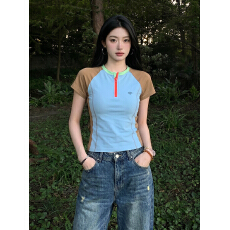 批发官图<b class='q'>特价</b>短袖t恤女装夏季新款设计感显瘦拉链撞色插肩袖圆领上衣