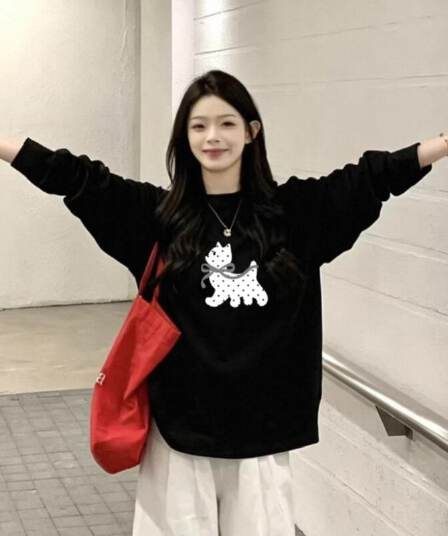 경관 그림 210 그램 21 이후 패키지 칼라 프린트 가을 의상 긴팔 티셔츠 여성 루즈핏 순면 라운드 넥 맨위