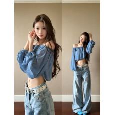 实价！蓝色波点一字肩衬衫女夏季纯欲性感辣妹收腰短款露脐上衣