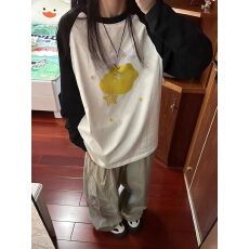 230克纯棉精梳紧密赛络纺插肩拼接长袖T恤女