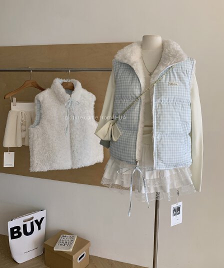 theture 첫 눈 달콤한 섬 다운 재킷 베스트 여성 코트 스탠드 칼라 두꺼운 보온 조끼 가을 겨울 새로운 체크무늬
