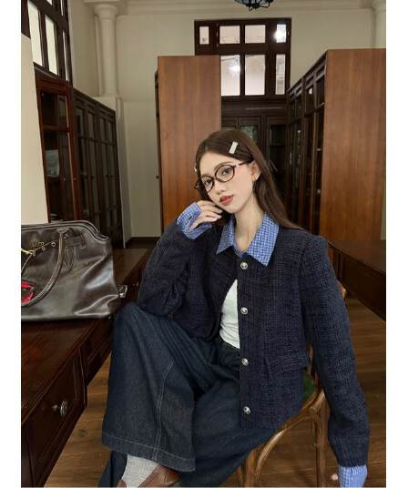 한 부서 페이크 레이어드 패치워크 폴로 칼라 작은 샤넬 스타일 여성 코트 가을 새로운 루즈핏 캐주얼 쇼트 스타일 재킷 맨위 트렌디