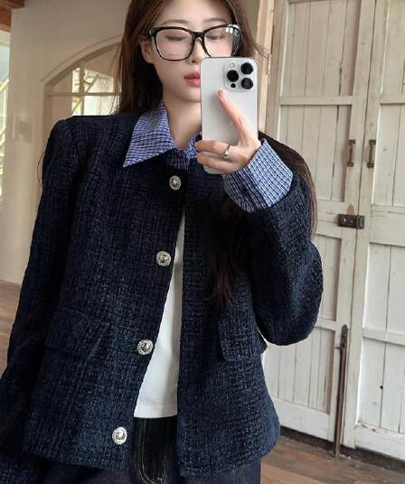 한 부서 페이크 레이어드 패치워크 폴로 칼라 작은 샤넬 스타일 여성 코트 가을 새로운 루즈핏 캐주얼 쇼트 스타일 재킷 맨위 트렌디