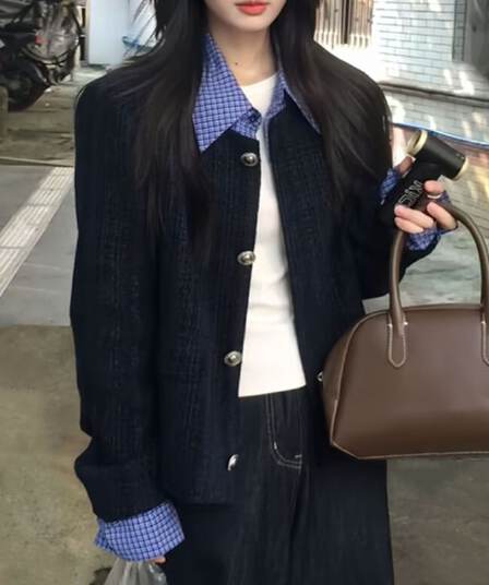 한 부서 페이크 레이어드 패치워크 폴로 칼라 작은 샤넬 스타일 여성 코트 가을 새로운 루즈핏 캐주얼 쇼트 스타일 재킷 맨위 트렌디