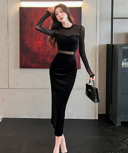 실사 2026 가을 새로운 망사 패치워크 긴팔 몸매 가꾸기 슬림해 보이는 순수한 욕망 허리 수축 트임 타이트 스커트 드레스