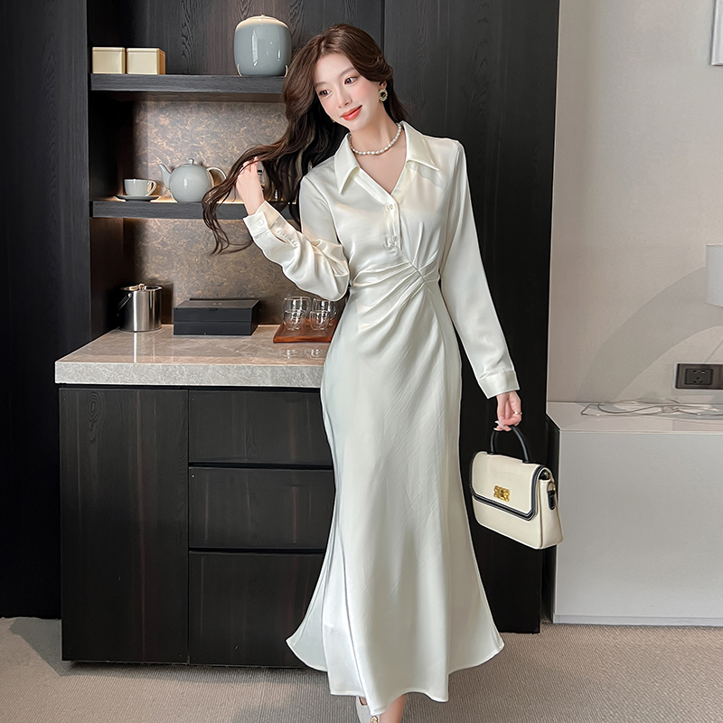 실사 공단 빛 흐름 라임 우아함 지성 핀치 Pleat 인어 꼬리 셔츠 점프 슈트 롱 스커트 부드러운 관대 한 치마 아이들
