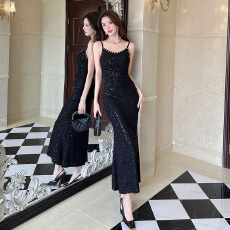 批发实拍高级钉珠长款亮片鱼尾吊带<b class='q'>裙</b>宴会生日宴<b class='q'>伴娘</b>服优雅修身显瘦