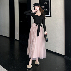 批发法式温柔风<b class='q'>连衣裙</b><b class='q'>撞色</b>拼接生日裙子女秋冬季磨毛系带收腰网纱长裙