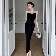 批发实拍2025秋冬法式气质网纱烫钻拼接丝绒收腰显瘦<b class='q'>无袖</b>开衩<b class='q'>连衣裙</b>