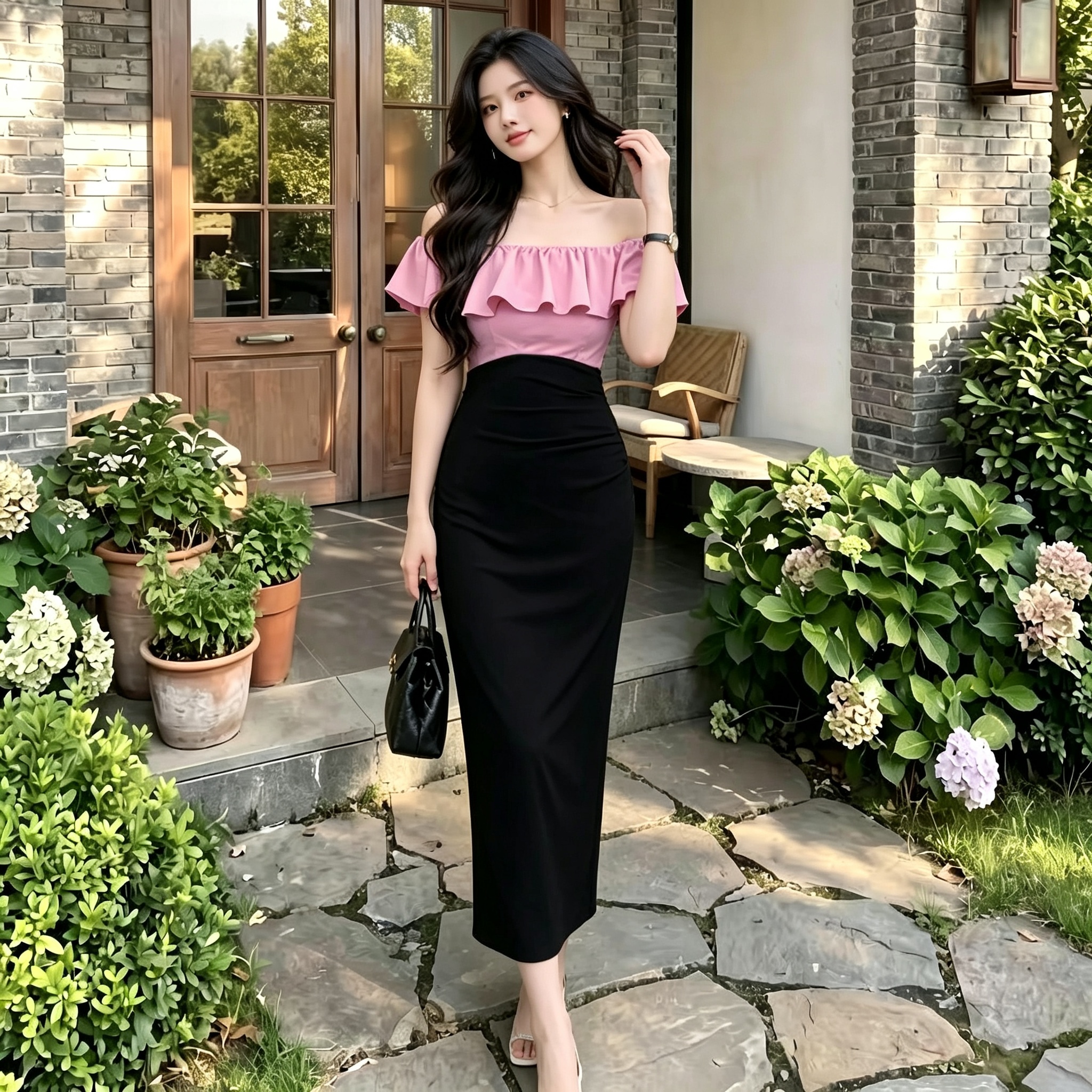분말 안개 갈색 설탕 프랑스식 품격 낭만주의 프릴 오프숄더 몸매 가꾸기 슬림해 보이는 작은 검은 드레스 드레스