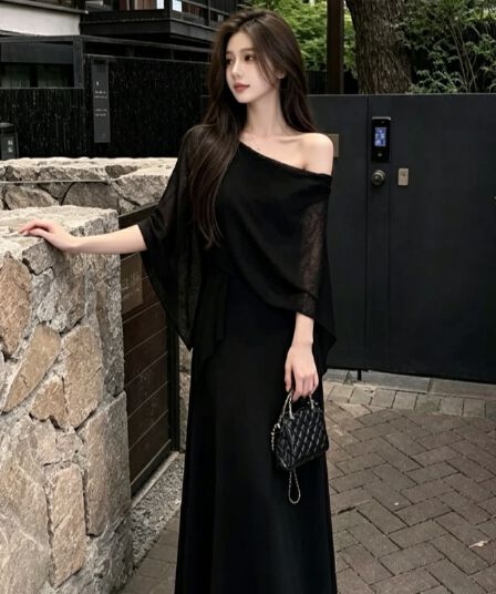 실사 조기 가을 느긋한 센스 비싼 가스 심지어 외부 망토 고급 품격 페이크 레이어드 니트 드레스
