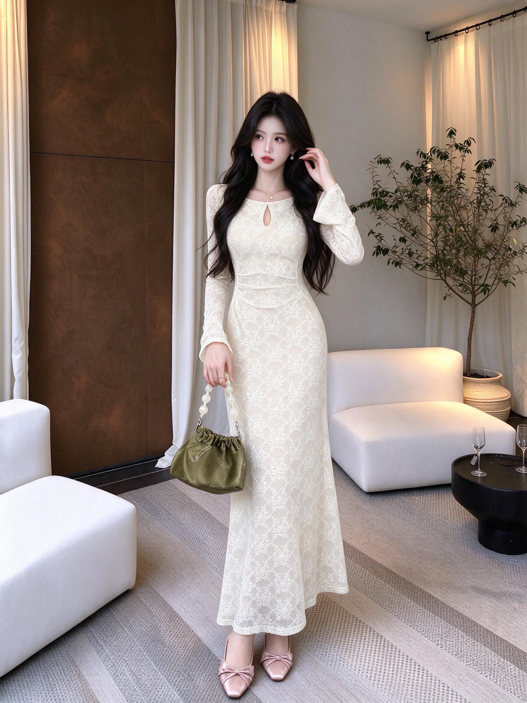 秋季法式纯欲风蕾丝碎花长袖连衣裙显瘦收腰长裙 服裝批發女裝批發服飾貨源