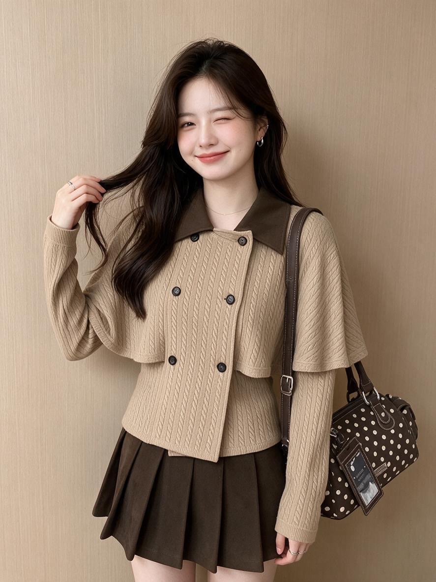 BY36480# 千金感撞色假两件斗篷设计小衫秋冬韩系上衣  服裝批發女裝批發服飾貨源
