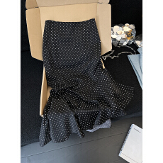 批发复古波点荷叶边半身裙女春季高腰设计感小众不规则包臀裙鱼尾<b class='q'>裙子</b>