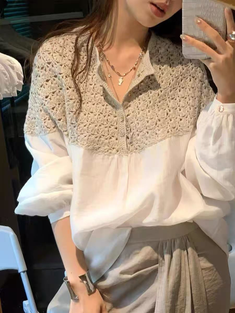 BY34265# 法式宽松休闲轻熟风白色拼接衬衫女秋季新款独特精致小上衣 服裝批發女裝批發服飾貨源