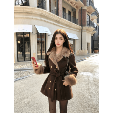 批发画解WAHJU【古着秀场】千金氛围感系带收腰<b class='q'>双排扣</b>毛呢外套