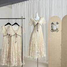 批发Blovelan栗色花藤 法式温柔风蕾丝<b class='q'>连衣</b>裙女泡泡袖收腰显瘦<b class='q'>长裙</b>子