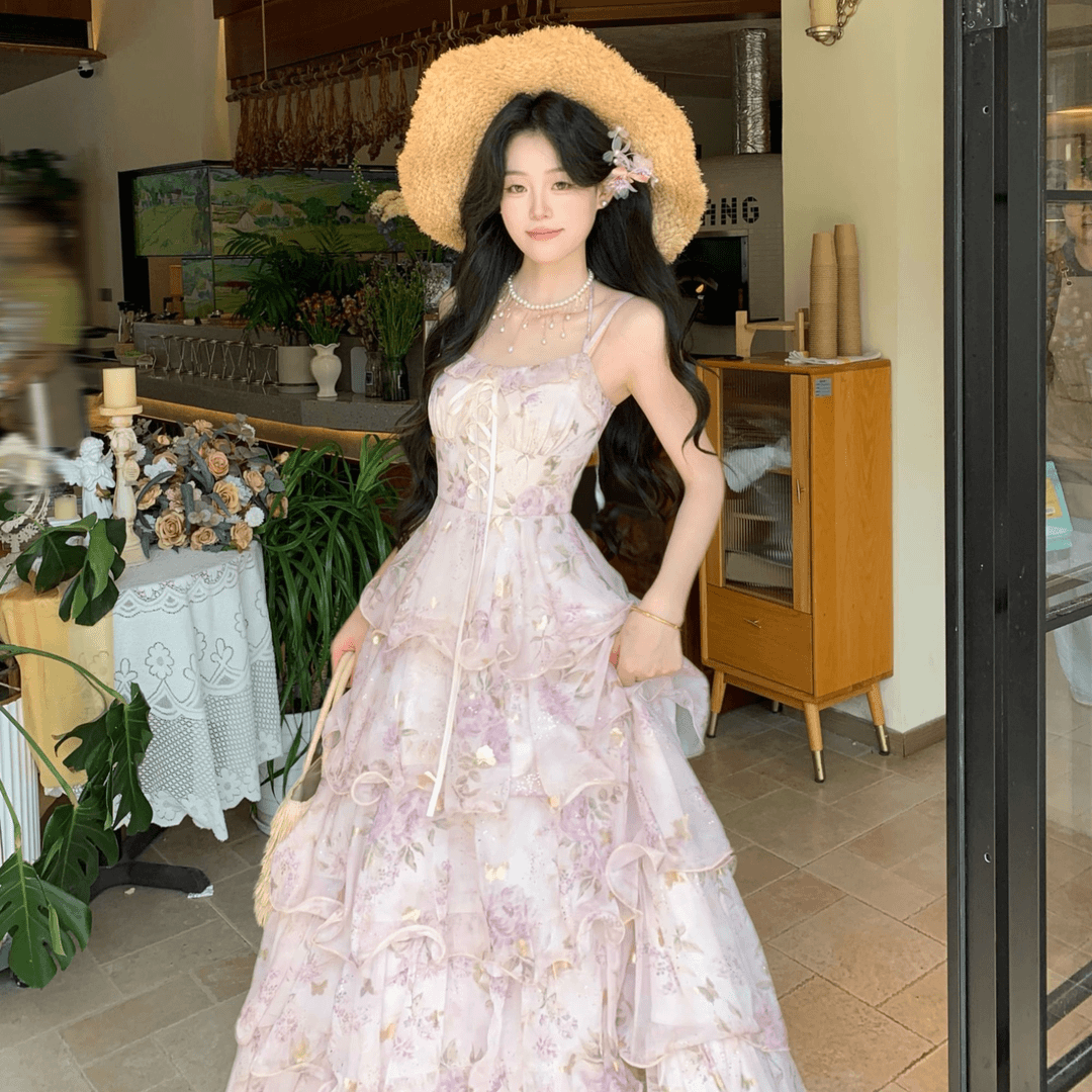 blovelan 수달 얕은 꿈 여름 새로운 프랑스식 꽃무늬 슬립 드레스 프린트 스트랩 허리 수축 다중 레이어 롱 스커트