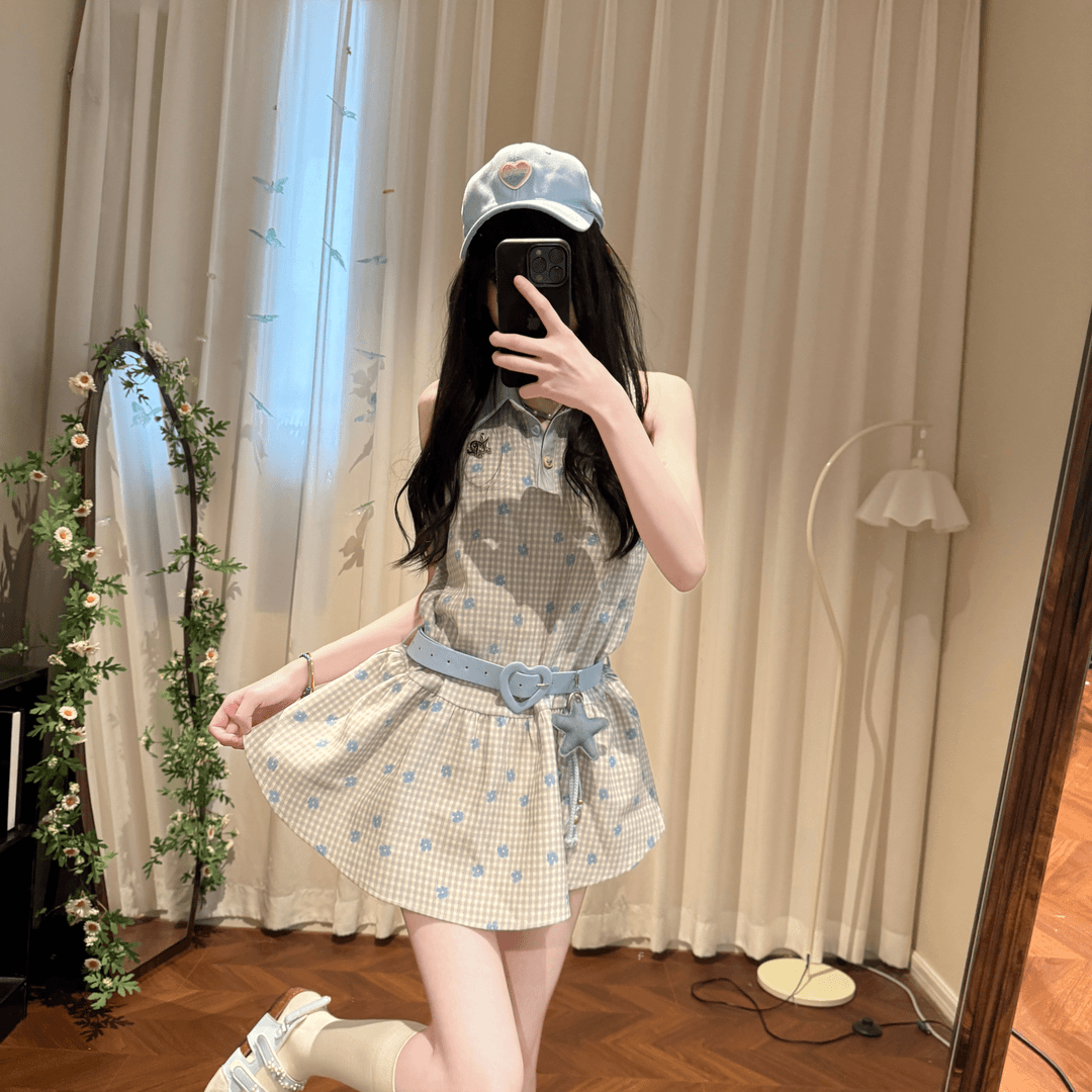 체크무늬 달콤한 버클 직물 돼지 오리지널 한 부서 달콤한 스타일 체크무늬 꽃무늬 민소매 맨위 여성 여름 새로운 반바지