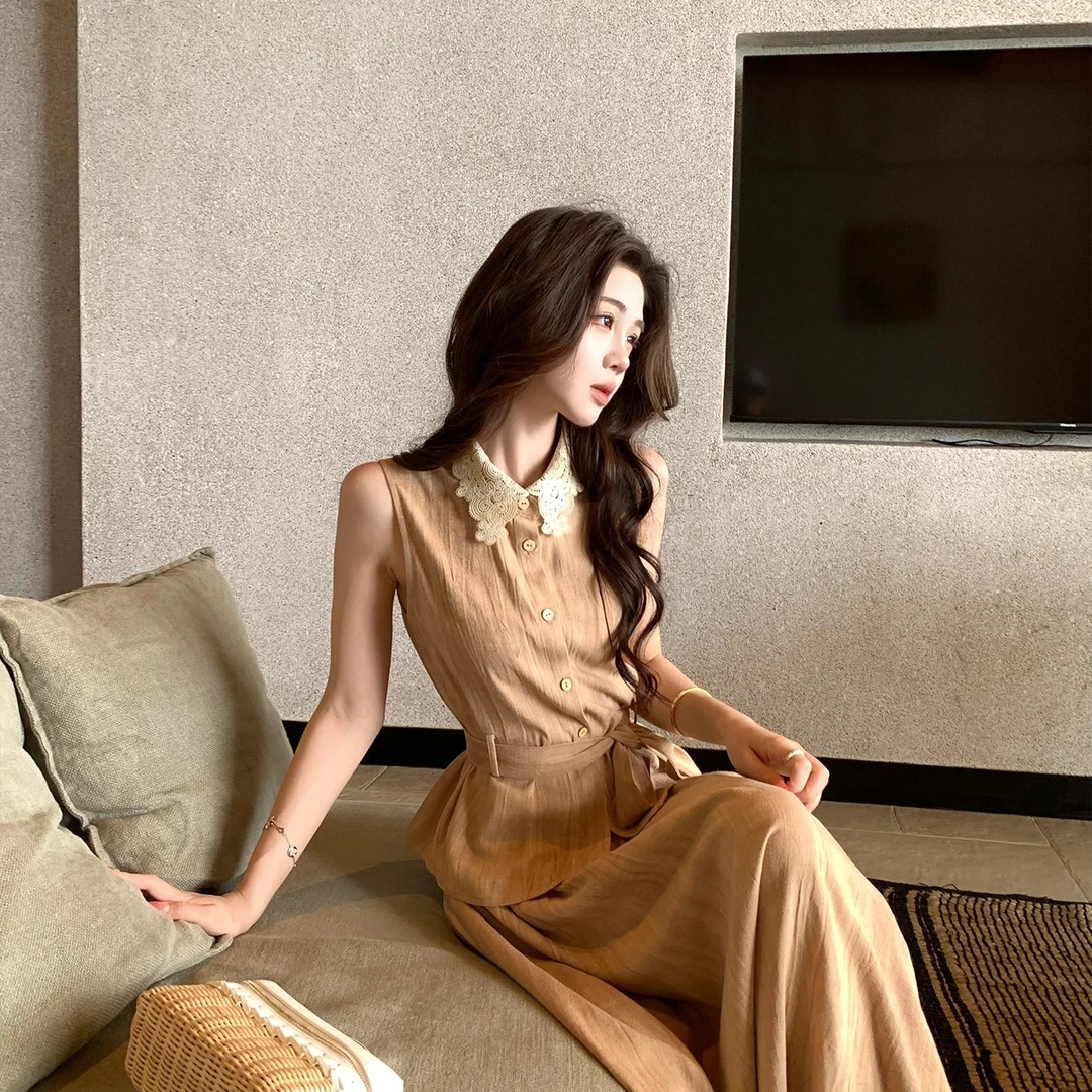 바람 이자 십자가 여름 레트로 스타일 레이스 레이스 민소매 맨위 도루 센스 반신 스커트 아마 세트