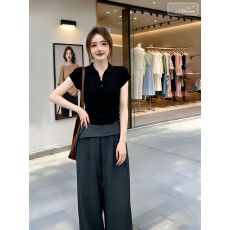 批发2026新款翻领单扣V领针织<b class='q'>短袖</b>+不规则屁帘宽松阔脚裤<b class='q'>休闲</b>裤