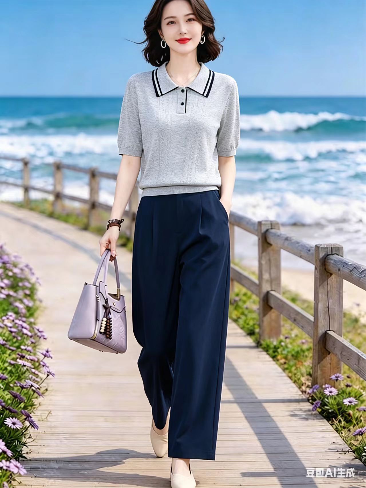 배색 POLO 칼라 니트 반팔 고급 센스 회색 디자인 센스 스트레이트 와이드 팬츠 세트