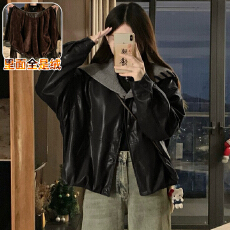 批发实拍 设计感海军领黑色加绒保暖<b class='q'>皮衣</b>外套女2025冬季新款宽松棉服
