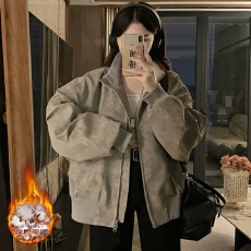 批发实拍美式复古夹棉<b class='q'>皮衣</b>棒球服外套女秋冬2025新款宽松休闲立领夹克