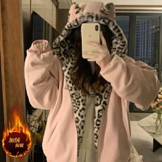 批发实拍 冬季<b class='q'>可爱</b>兔耳保暖卫衣2025豹纹内里拉链连帽加绒外套