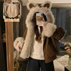 批发实拍美式复古个性大毛毛猫耳朵短款加绒加厚棉服女冬季连帽上衣潮