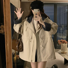 批发实拍2025冬新款连帽抽绳收腰格子拼接外套女宽松百搭夹棉保暖上衣