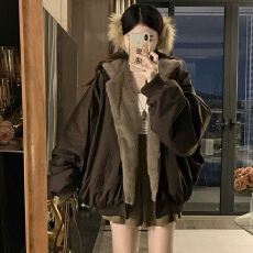 批发实拍 潮牌两面穿仿兔毛棉衣冬美式痞帅保暖连帽棉服复古情侣外套