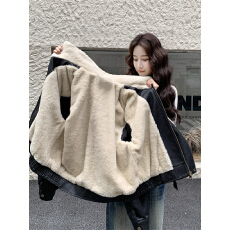 批发港风复古黑色羊羔毛绒皮衣外套女冬季2025新款酷飒风加厚加绒棉服