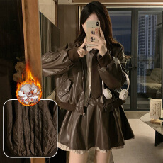 批发实拍冬季穿搭一整套设计感<b class='q'>衬衫</b>拼接夹棉皮衣百褶半身裙三件套<b class='q'>装</b>女